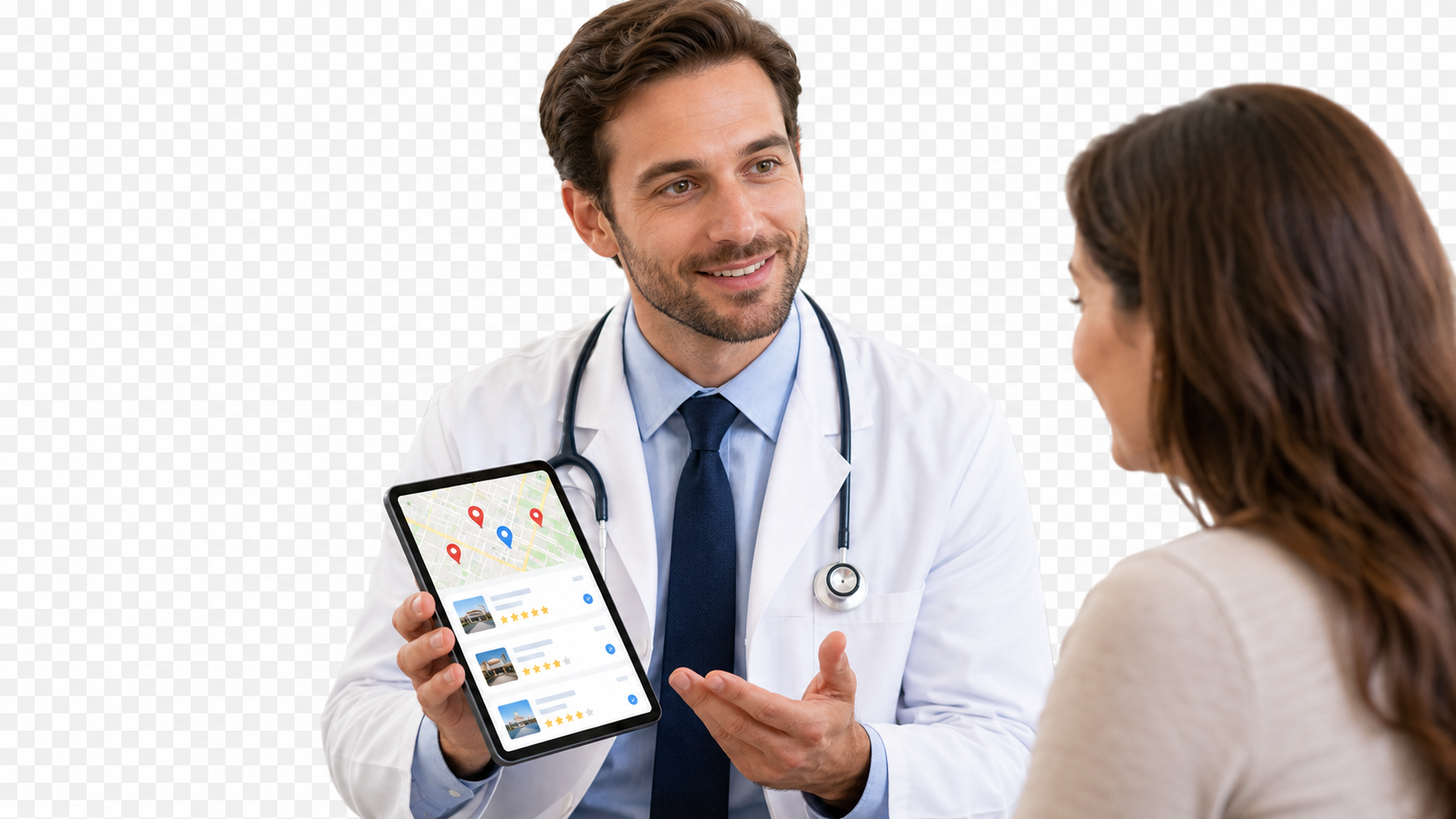 Arzt im Gespräch mit Patient in heller Praxis