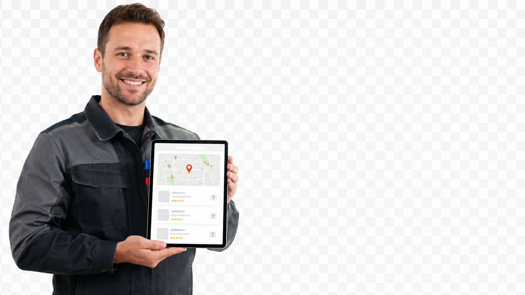 Handwerker in Arbeitskleidung mit Tablet