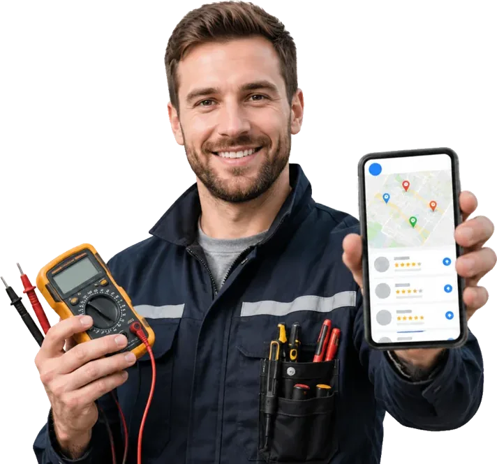 SEO für Elektriker: Elektromeister in München mit Anfragen auf dem Smartphone